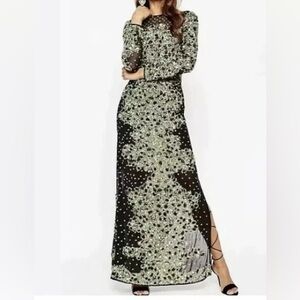 slit mermaid dress Windsor Ayla Lace-Up Slit Mermaid Glitter Formal Dress in Chambray | Size: L